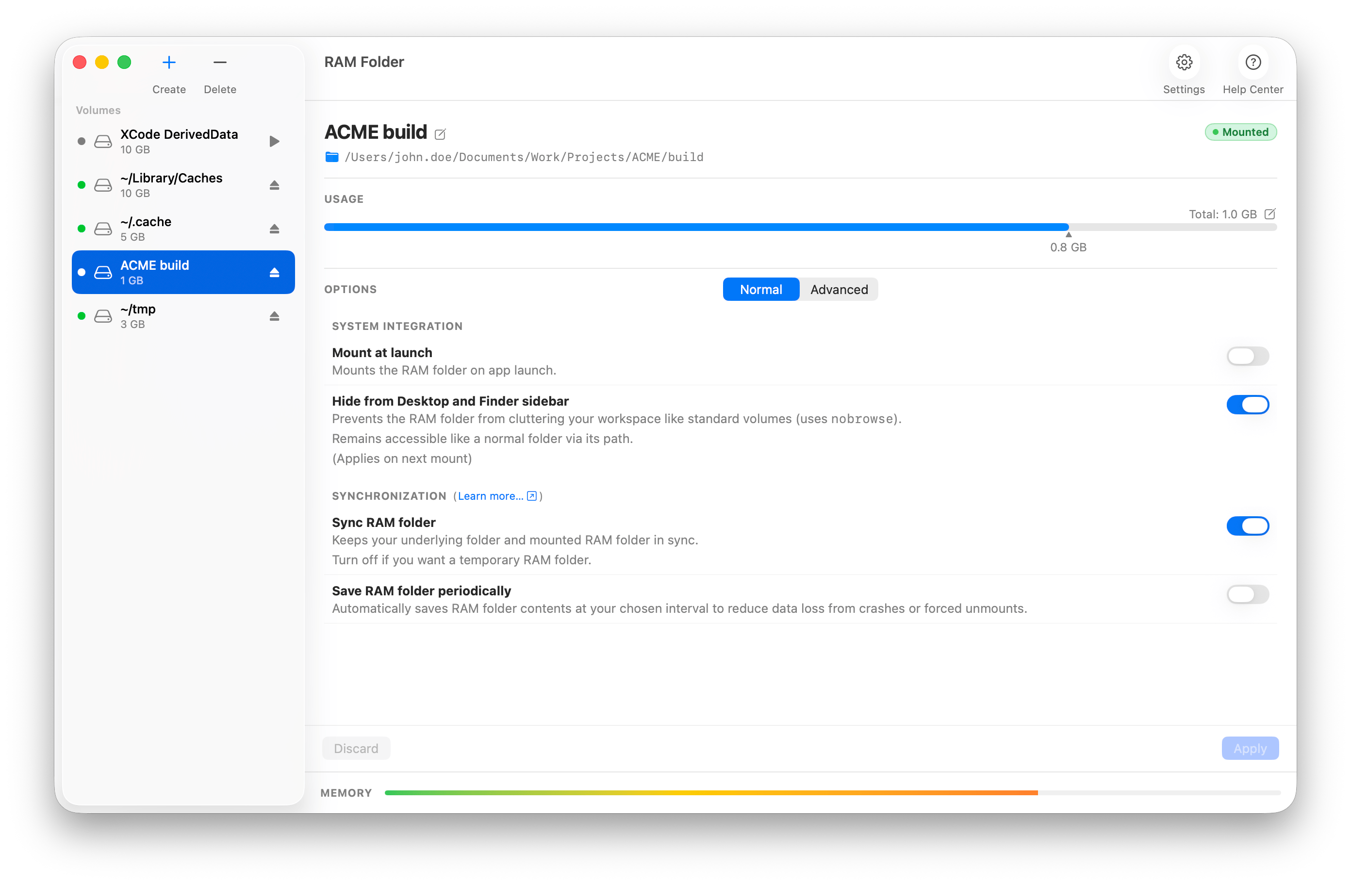 RAM Folder app — ACME build RAM folder with normal options