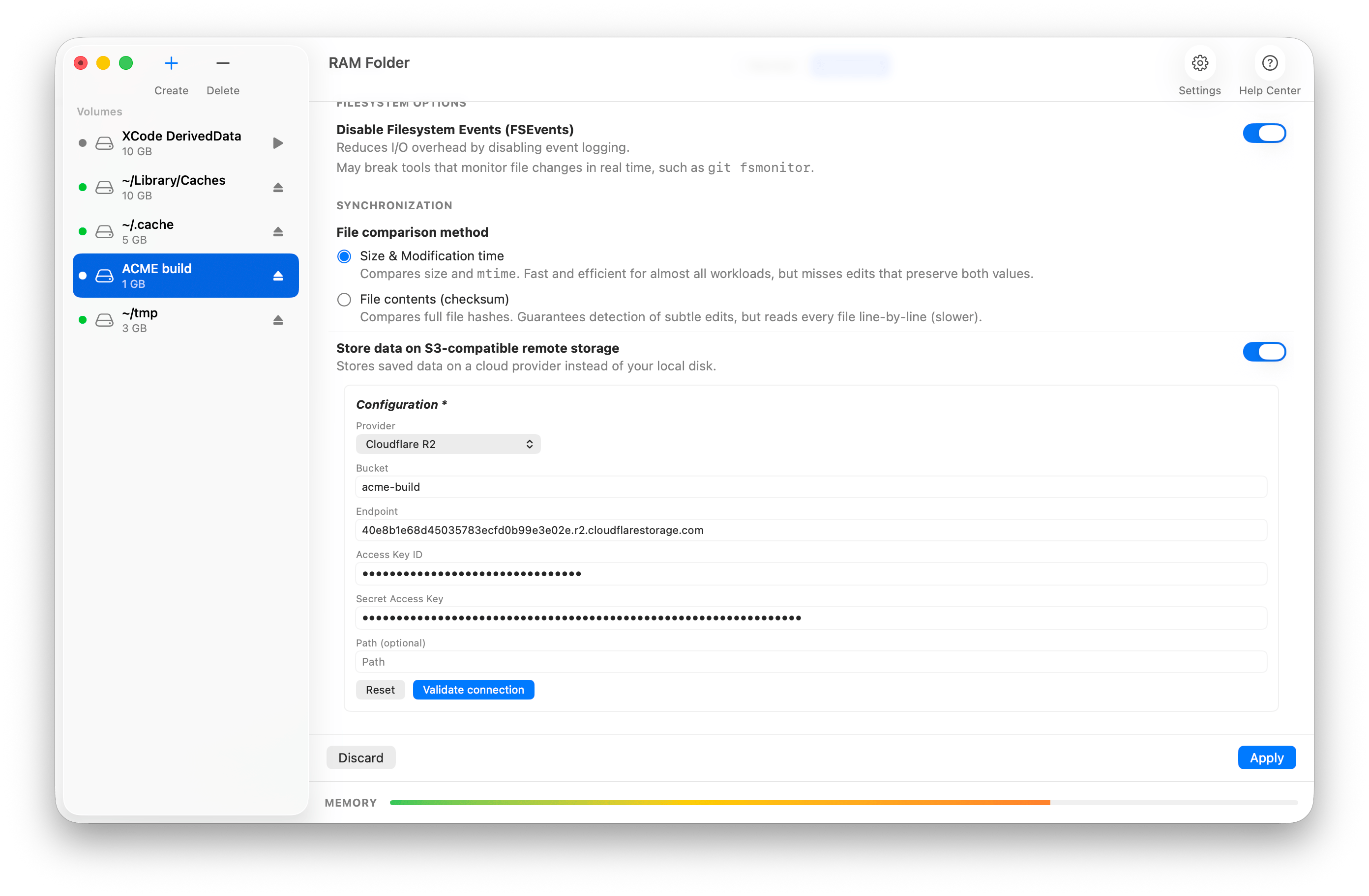 RAM Folder app — ACME build RAM folder with remote storage options