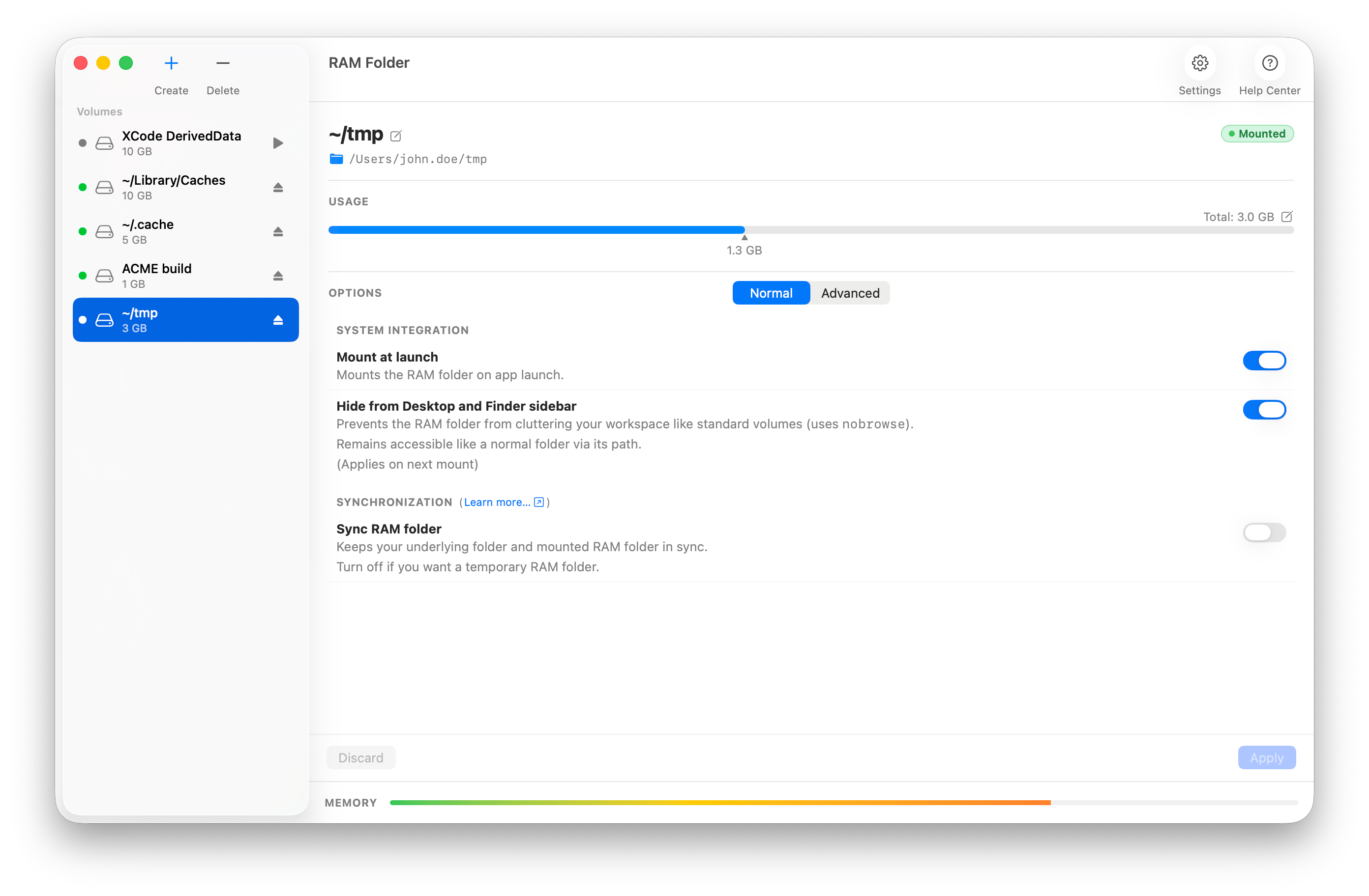 RAM Folder app — Tmp RAM folder with normal options