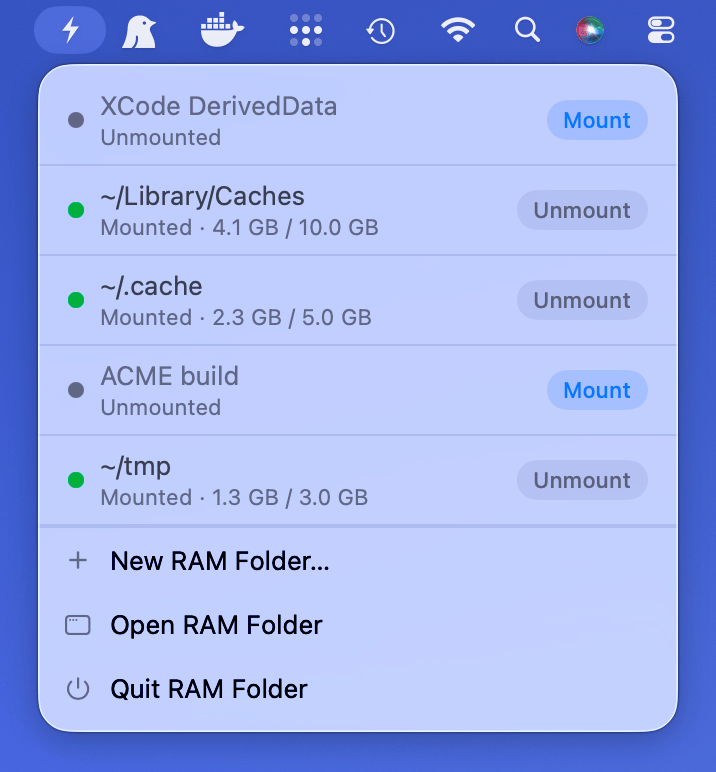 RAM Folder app - RAM folder menu bar