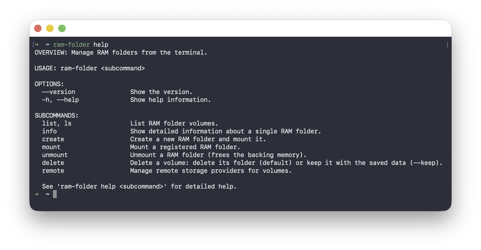 RAM Folder app - terminal output