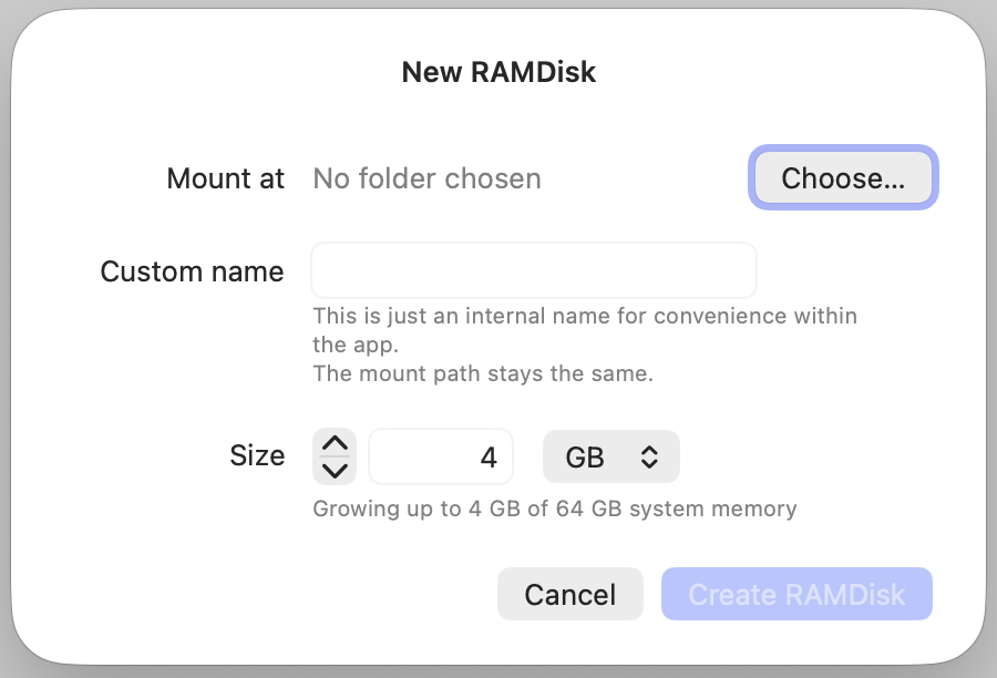 The New RAM folder sheet with the Choose… button highlighted next to Mount at